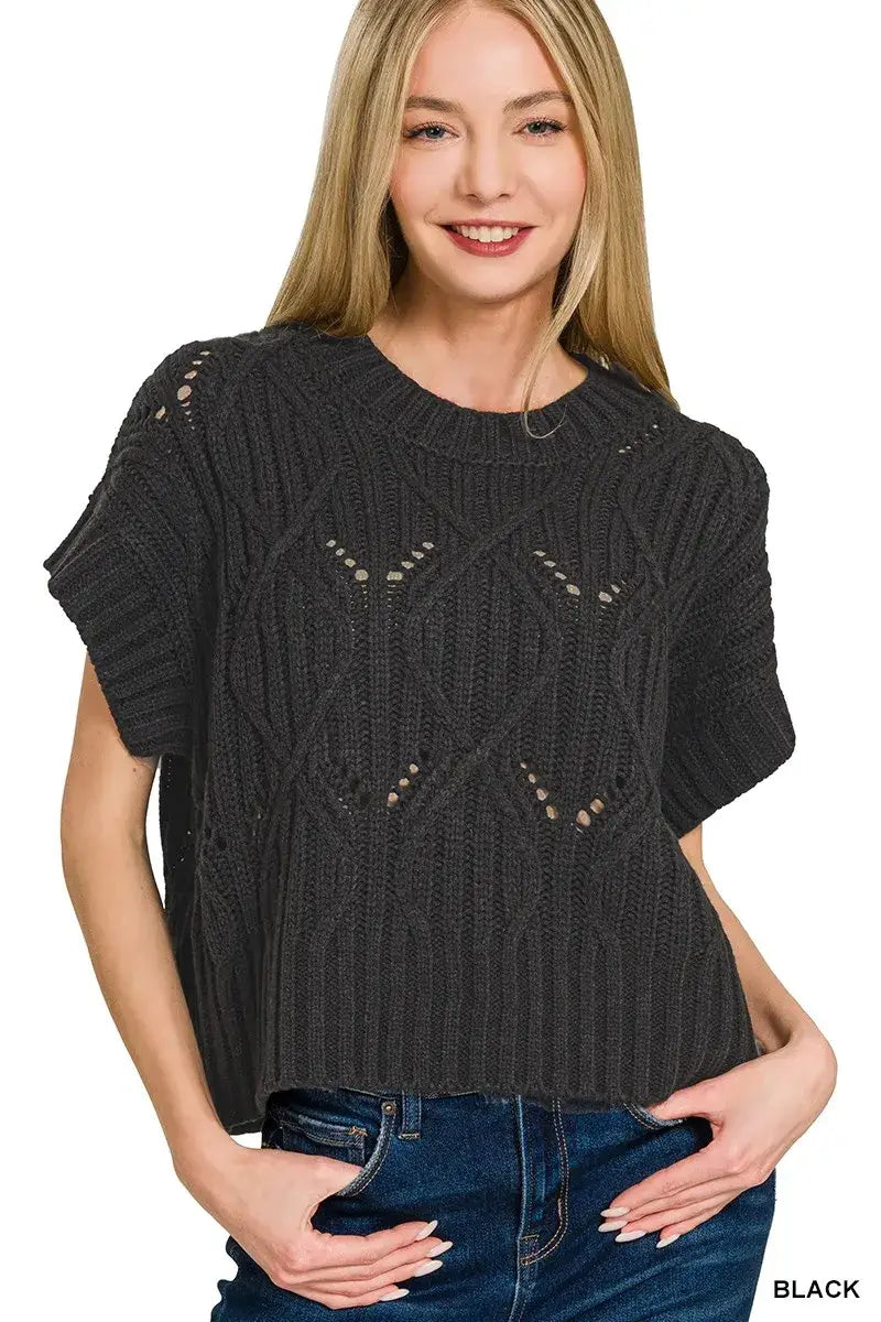 Zenana Cable Knit Short Sleeve Sweater - BLACK / S - Short Sleeve Sweater