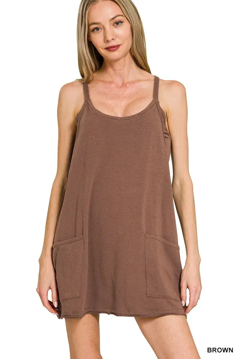 Zenana Cami Mini Dress with Built-in Romper Liner - BROWN / S