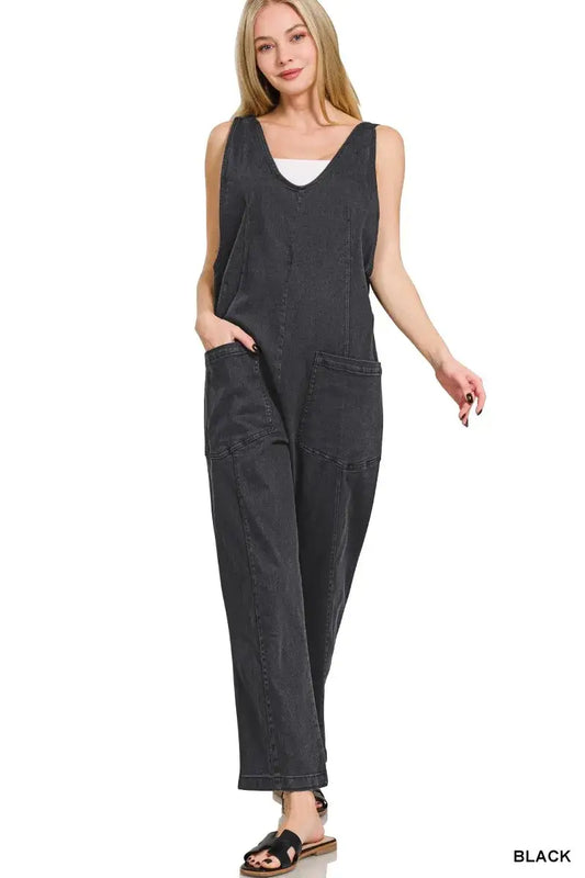 Zenana Casual Adjustable Strap Baggy Jumpsuit with Pocket - BLACK / S