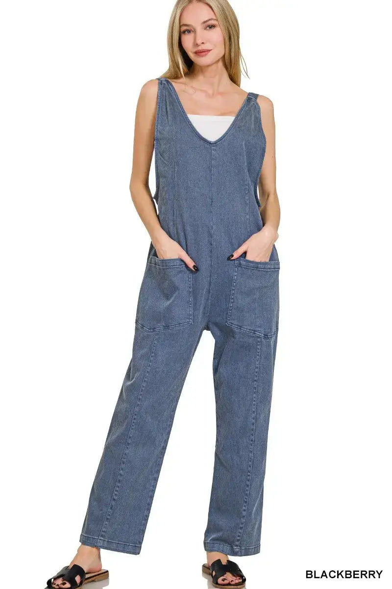 Zenana Casual Adjustable Strap Baggy Jumpsuit With Pocket - BLACKBERRY / S