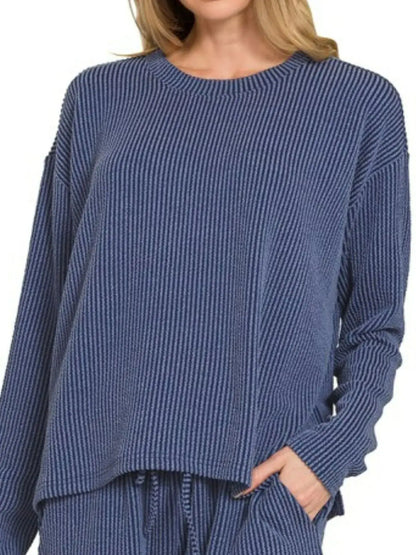 Zenana Corded Rib Long Sleeve Tee and Shorts Set