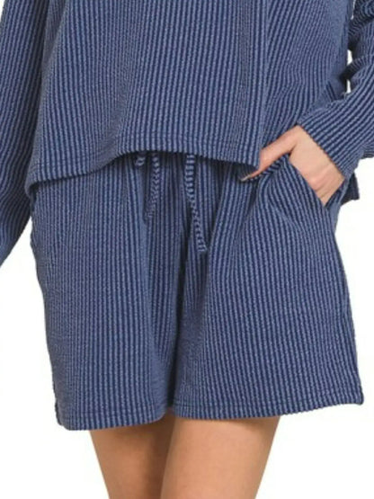 Zenana Corded Rib Long Sleeve Tee and Shorts Set