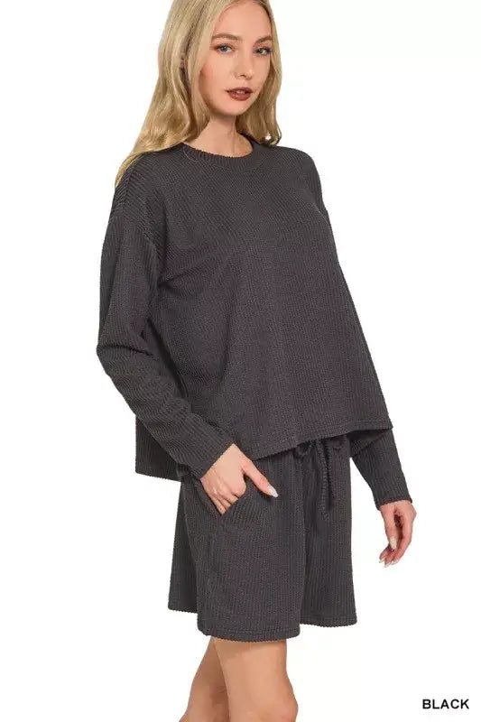 Zenana Corded Rib Long Sleeve Tee and Shorts Set - BLACK / S