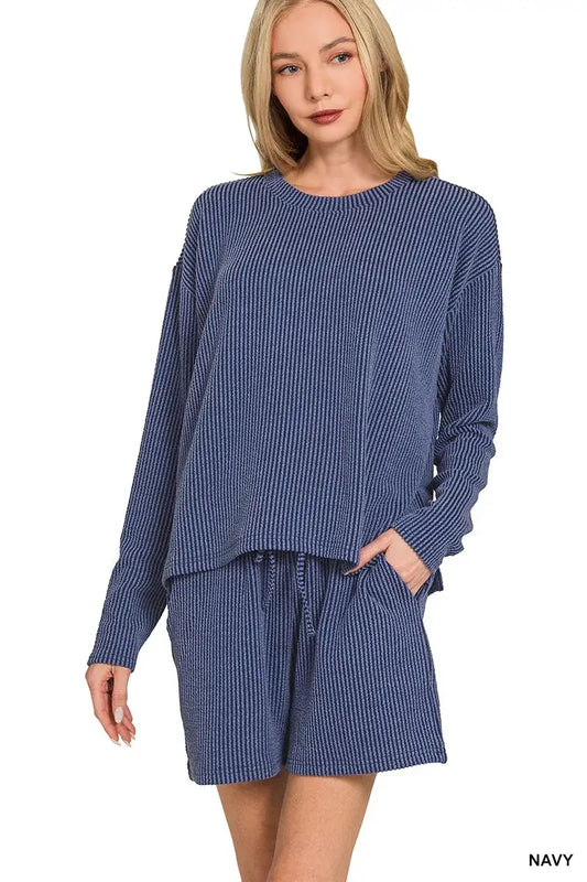 Zenana Corded Rib Long Sleeve Tee and Shorts Set - NAVY / S