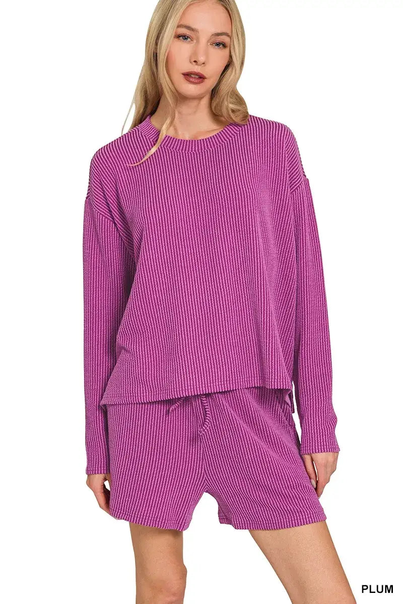 Zenana Corded Rib Long Sleeve Tee and Shorts Set - PLUM / S