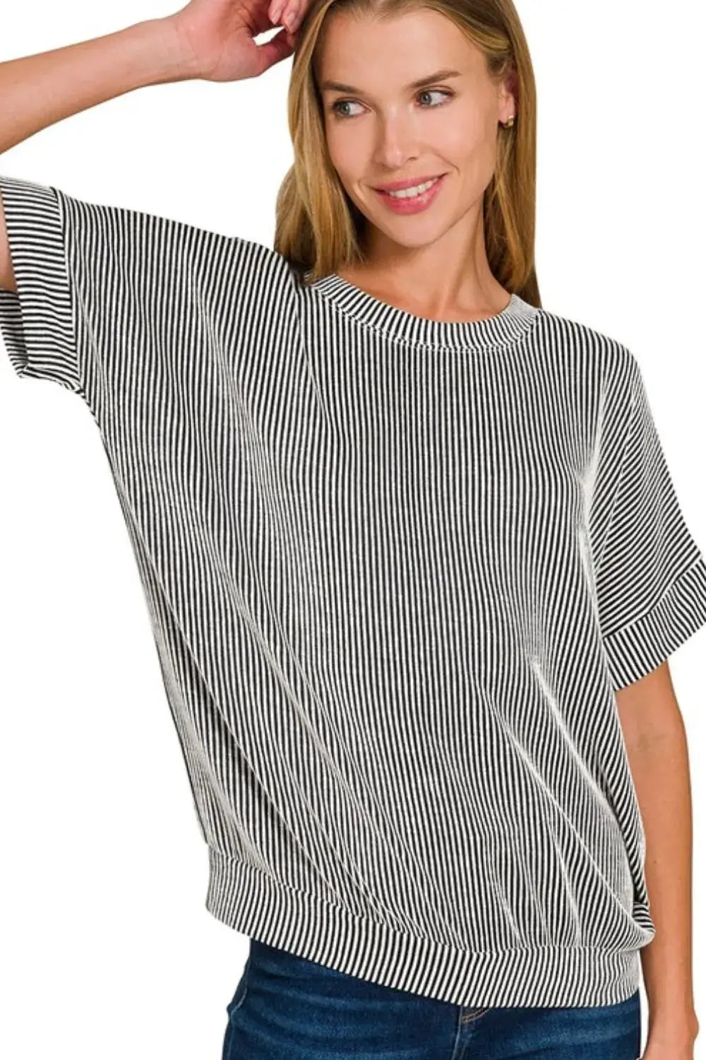 Zenana Corded Rib Short Sleeve T-Shirt - BLACK / S