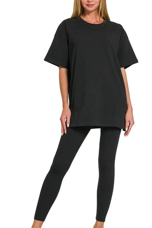 Zenana Cotton Round Neck Top & Legging Set - BLACK / S