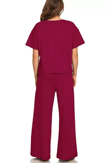 Zenana Cotton Slub Short Sleeve Tee and Pants Set