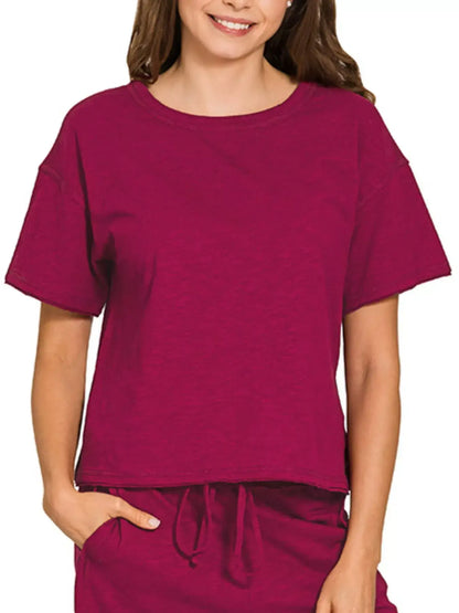 Zenana Cotton Slub Short Sleeve Tee and Pants Set