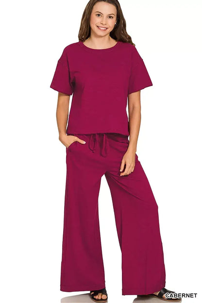 Zenana Cotton Slub Short Sleeve Tee and Pants Set - CABERNET / S