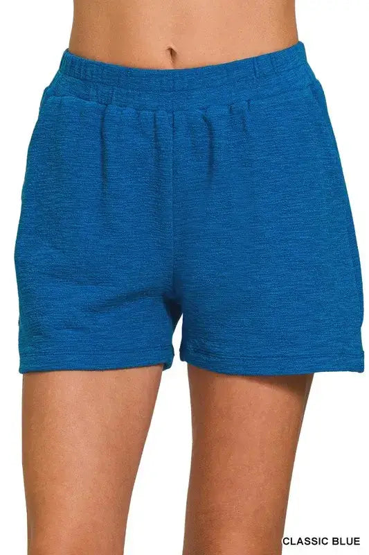 Classic blue Zenana Cotton Slub Shorts with drawstring waist and textured fabric