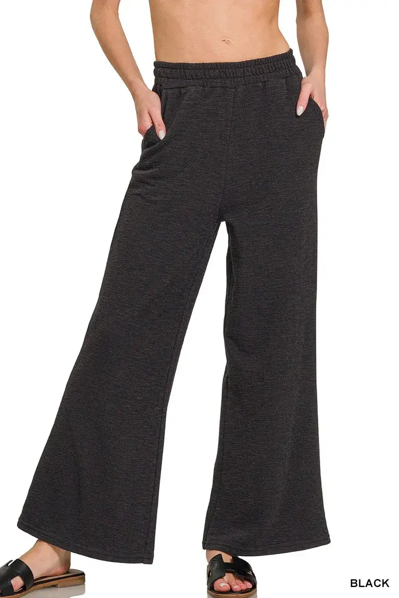 Zenana Cotton Slub Wide Leg Pants - BLACK / S