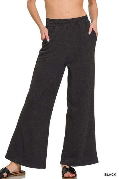 Zenana Cotton Slub Wide Leg Pants - BLACK / S