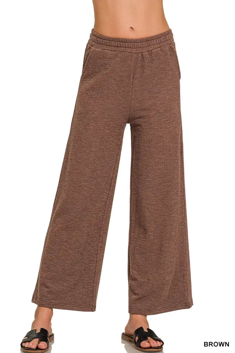 Zenana Cotton Slub Wide Leg Pants - BROWN / S