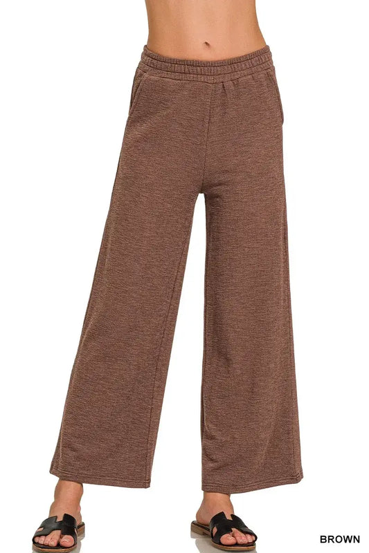 Zenana Cotton Slub Wide Leg Pants - BROWN / S