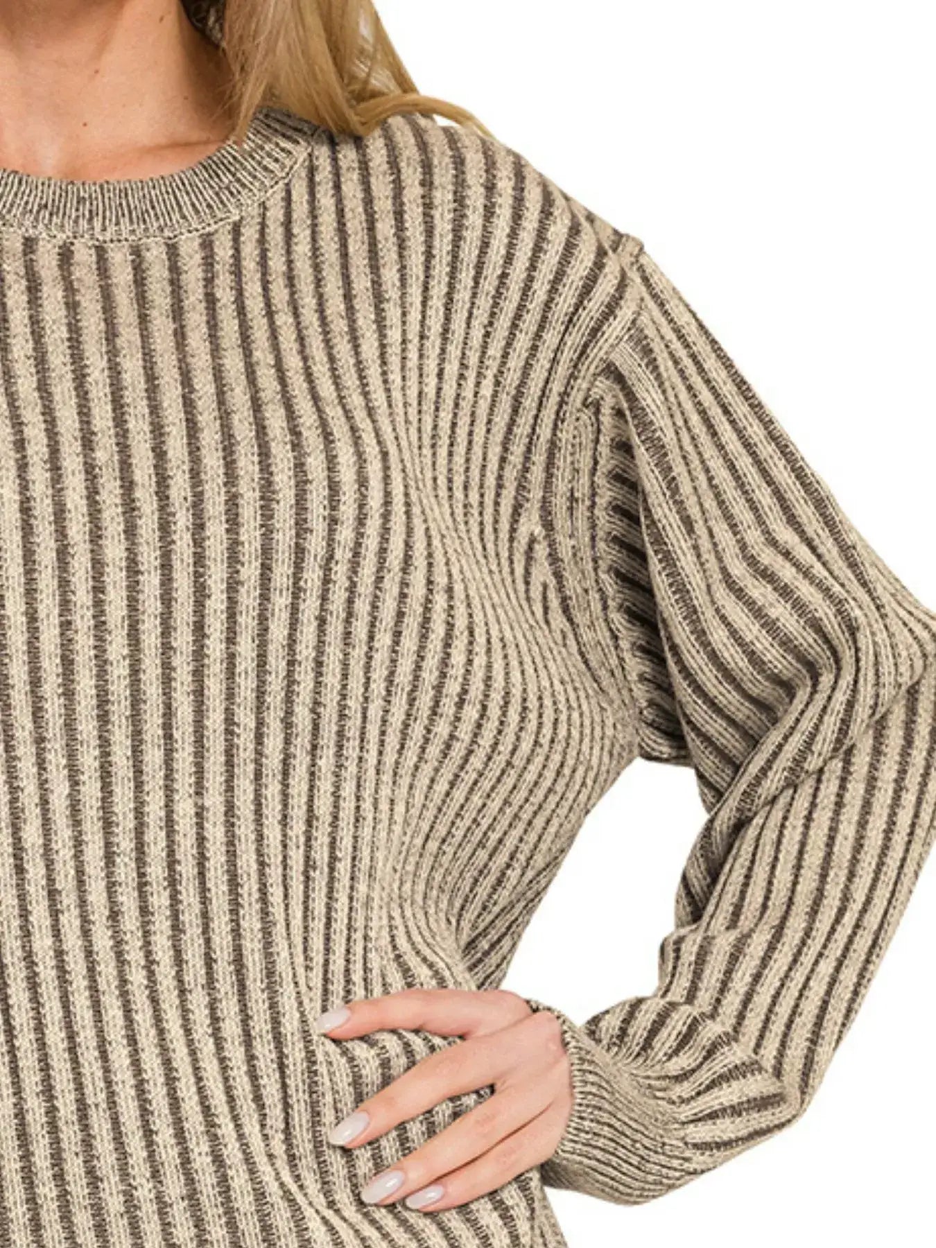 Zenana Curved Hem Two-Tone Ribbed Sweater - Ribbed Sweater