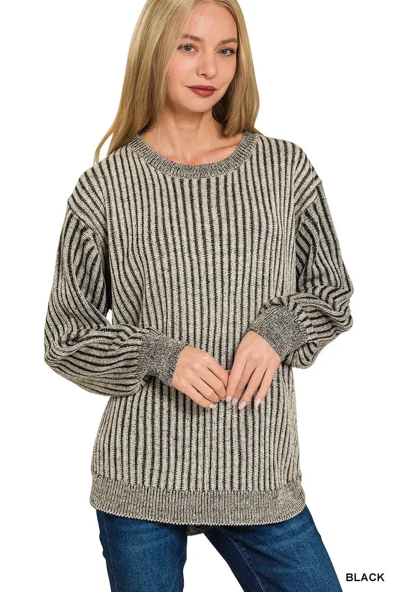 Zenana Curved Hem Two-Tone Ribbed Sweater - BLACK / S - Ribbed Sweater