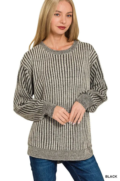 Zenana Curved Hem Two-Tone Ribbed Sweater - BLACK / S - Ribbed Sweater