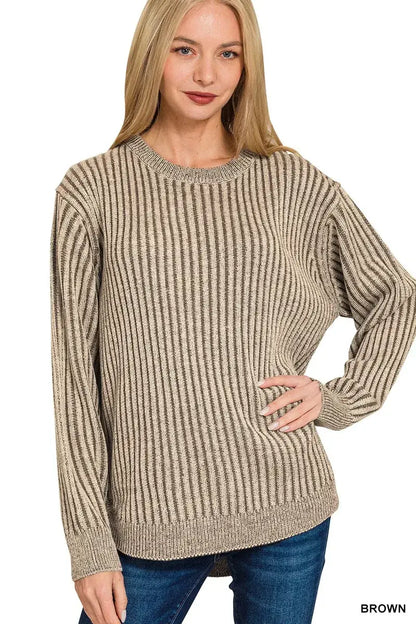 Zenana Curved Hem Two-Tone Ribbed Sweater - BROWN / S - Ribbed Sweater