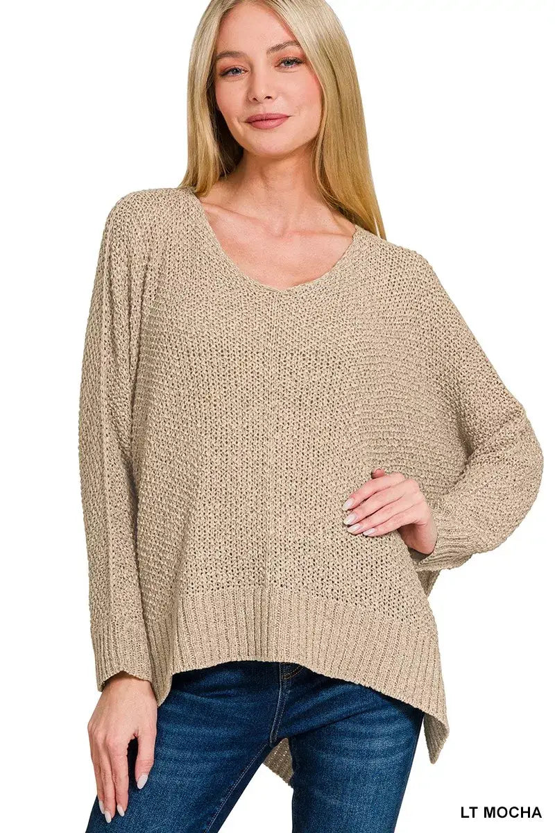 Zenana Dolman Sleeve V-Neck Sweater - LT MOCHA / S/M - Sleeve V-Neck Sweater