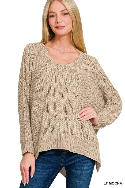 Zenana Dolman Sleeve V-Neck Sweater - LT MOCHA / S/M - Sleeve V-Neck Sweater