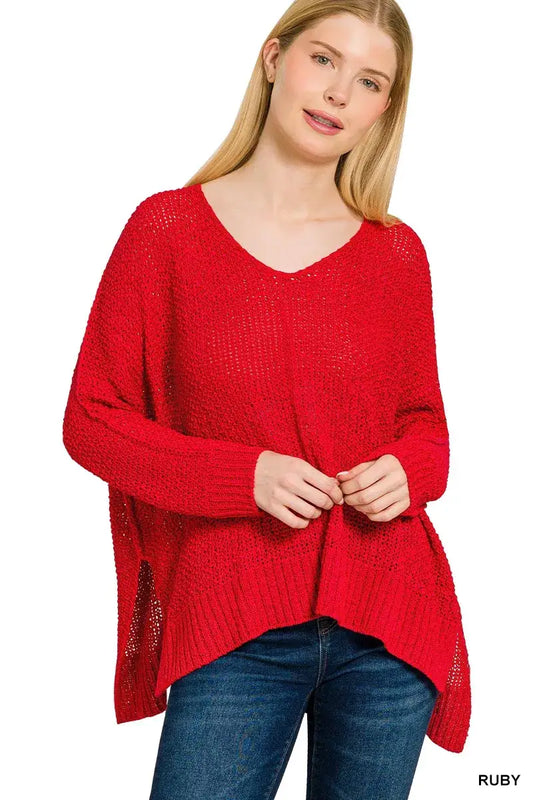 Zenana Dolman Sleeve V-Neck Sweater - RUBY / S/M - Sleeve V-Neck Sweater