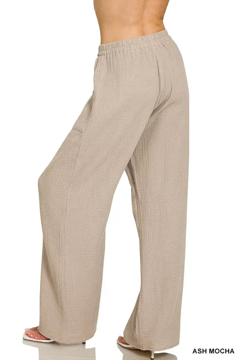 Zenana Double Gauze Elastic Band Pants - Elastic Band Pants
