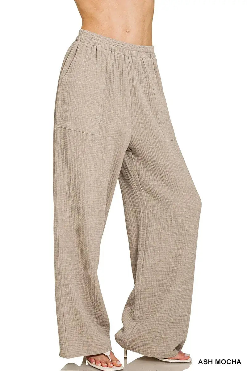 Zenana Double Gauze Elastic Band Pants - ASH MOCHA / S - Elastic Band Pants