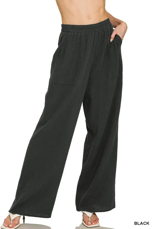 Zenana Double Gauze Elastic Band Pants - BLACK / S - Elastic Band Pants