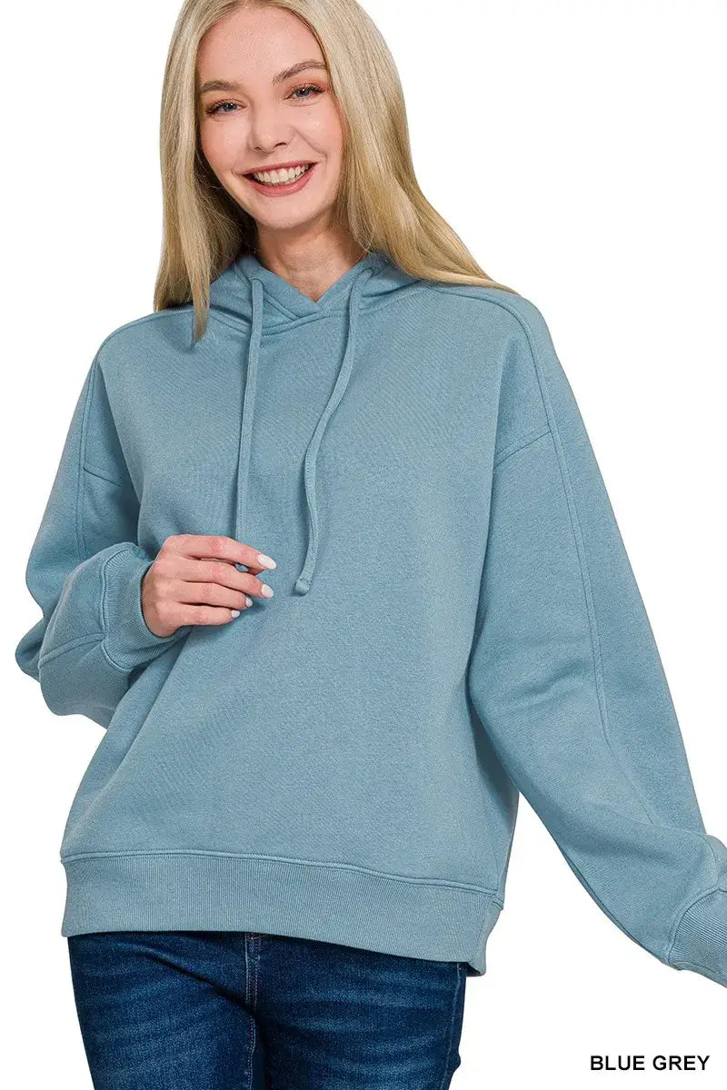 Zenana Drawstring Relaxed Fit Fleece Hoodie - BLUE GREY / S - Fit Fleece Hoodie
