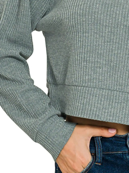 Zenana Drop Shoulder Ribbed Crop Hoodie - Ribbed Crop Hoodie