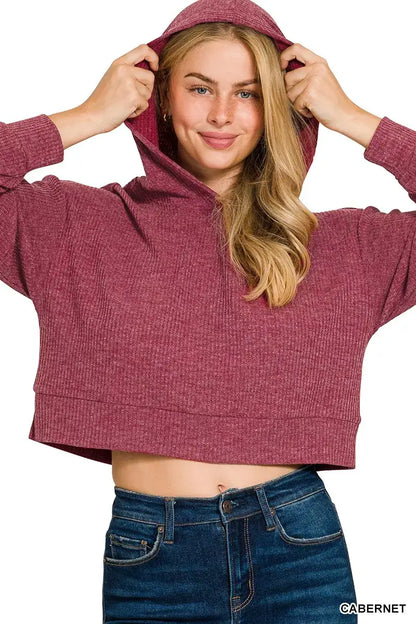 Zenana Drop Shoulder Ribbed Crop Hoodie - Ribbed Crop Hoodie