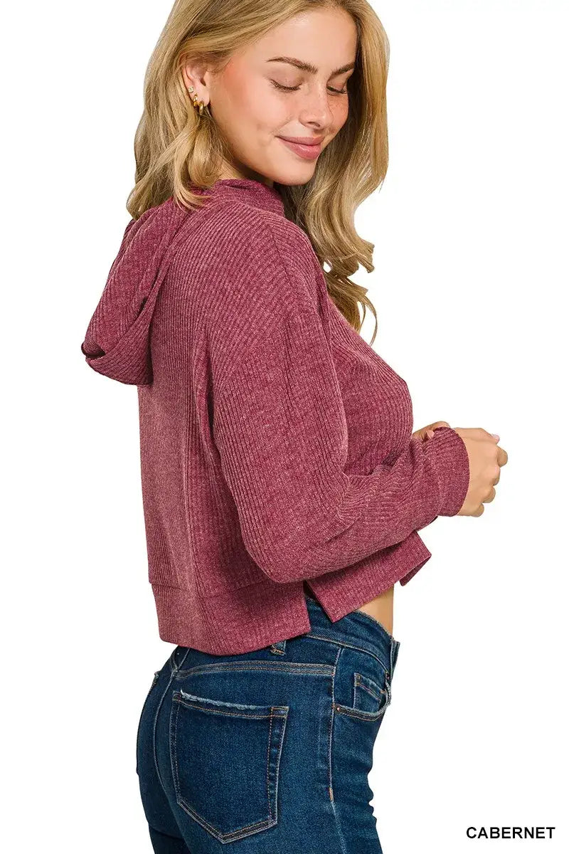 Zenana Drop Shoulder Ribbed Crop Hoodie - Ribbed Crop Hoodie