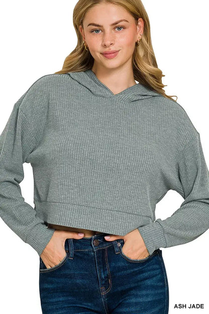 Zenana Drop Shoulder Ribbed Crop Hoodie - ASH JADE / S - Ribbed Crop Hoodie