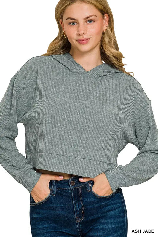 Zenana Drop Shoulder Ribbed Crop Hoodie - ASH JADE / S - Ribbed Crop Hoodie