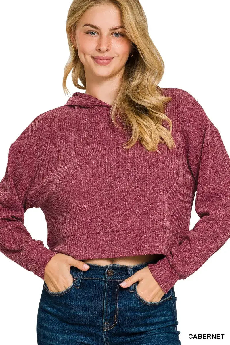 Zenana Drop Shoulder Ribbed Crop Hoodie - CABERNET / S - Ribbed Crop Hoodie