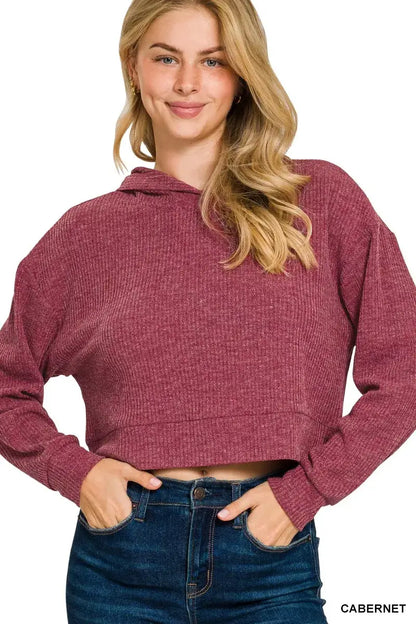 Zenana Drop Shoulder Ribbed Crop Hoodie - CABERNET / S - Ribbed Crop Hoodie