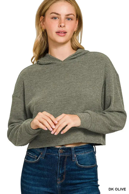 Zenana Drop Shoulder Ribbed Crop Hoodie - DK OLIVE / S