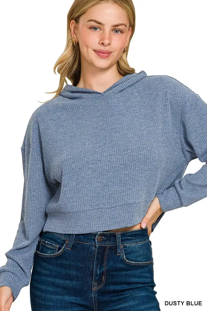 Zenana Drop Shoulder Ribbed Crop Hoodie - DUSTY BLUE / S - Ribbed Crop Hoodie
