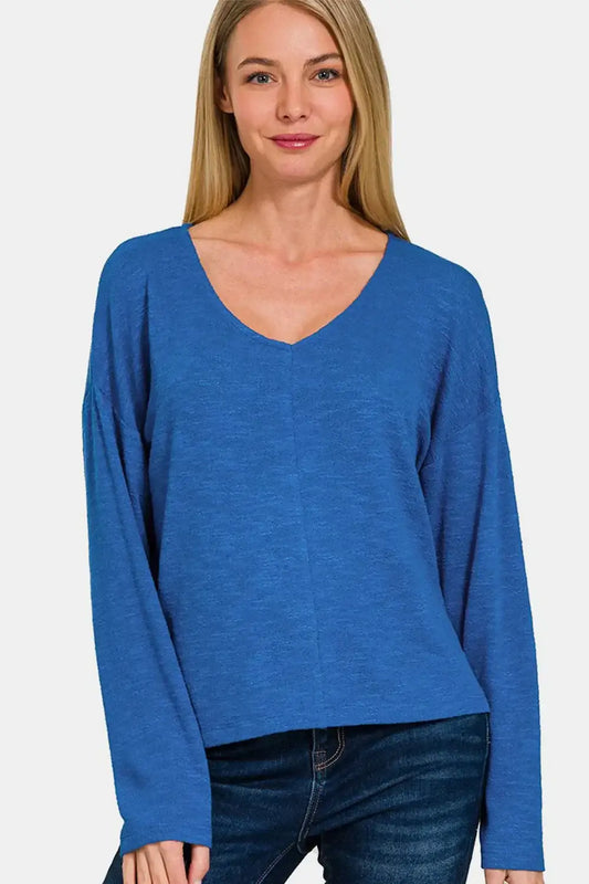 Zenana Dropped Shoulder Long Sleeve T-Shirt - Classic Blue / S