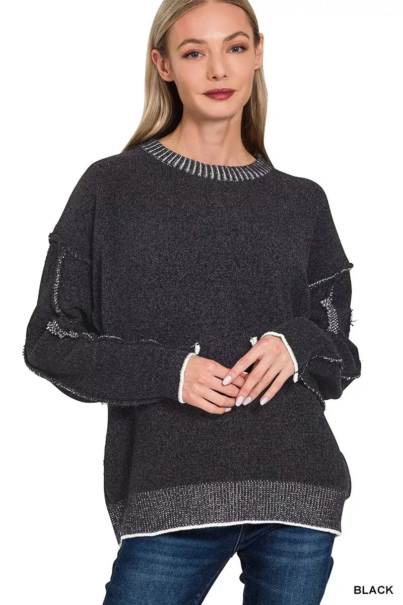 Zenana Exposed Seam Round Neck Two-Tone Sweater - BLACK / S/M - Neck Two-Tone Sweater