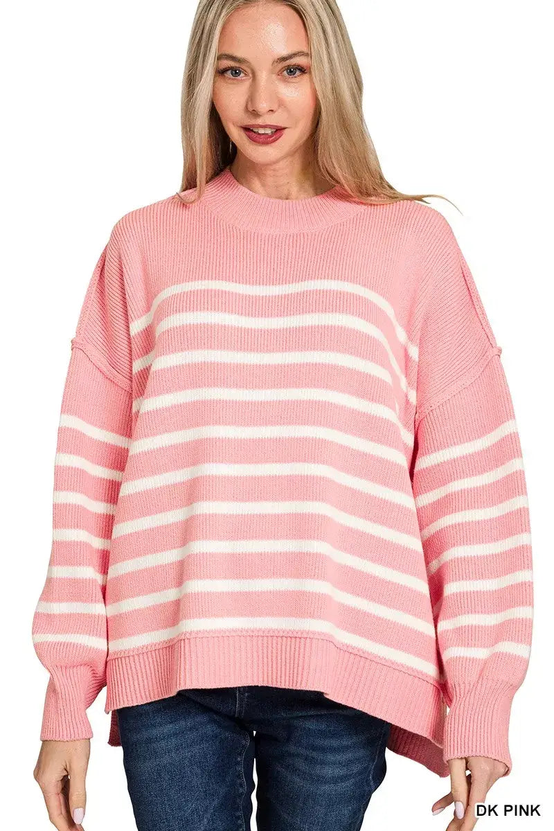 Zenana Exposed Seam Striped Oversized Sweater
