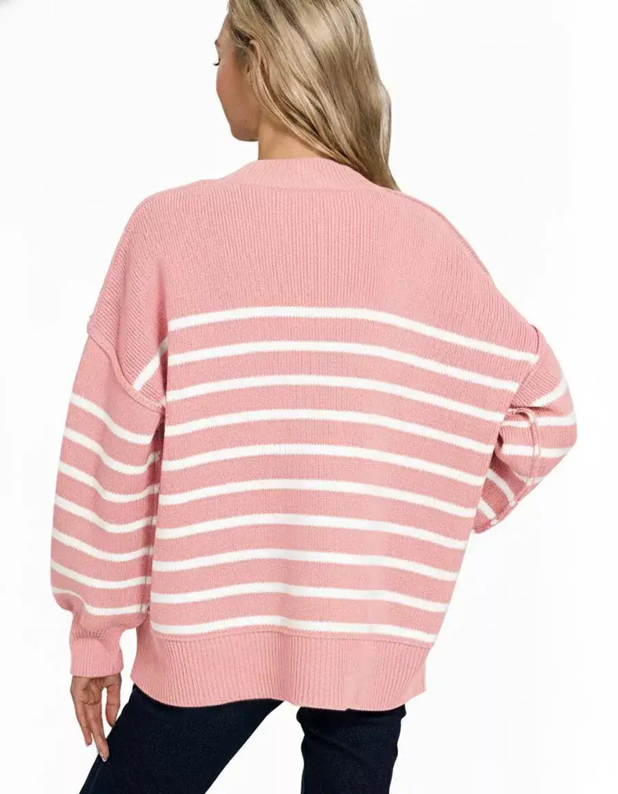 Zenana Exposed Seam Striped Oversized Sweater