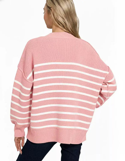 Zenana Exposed Seam Striped Oversized Sweater