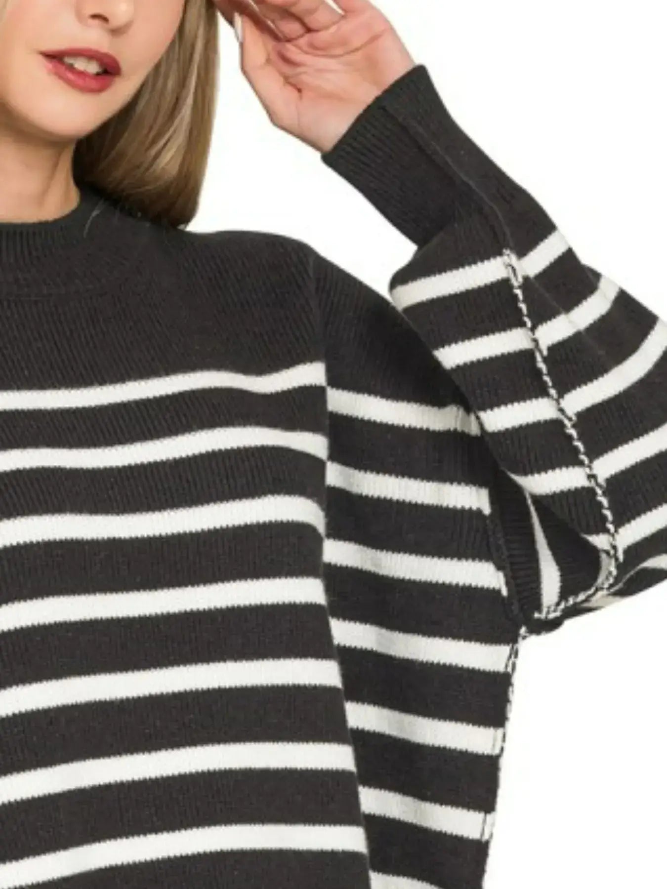 Zenana Exposed Seam Striped Oversized Sweater - Striped Oversized Sweater