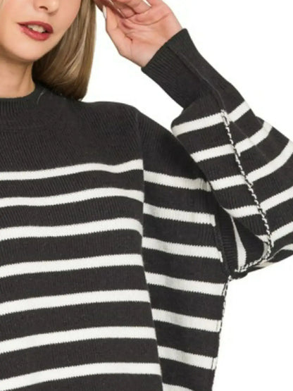 Zenana Exposed Seam Striped Oversized Sweater - Striped Oversized Sweater
