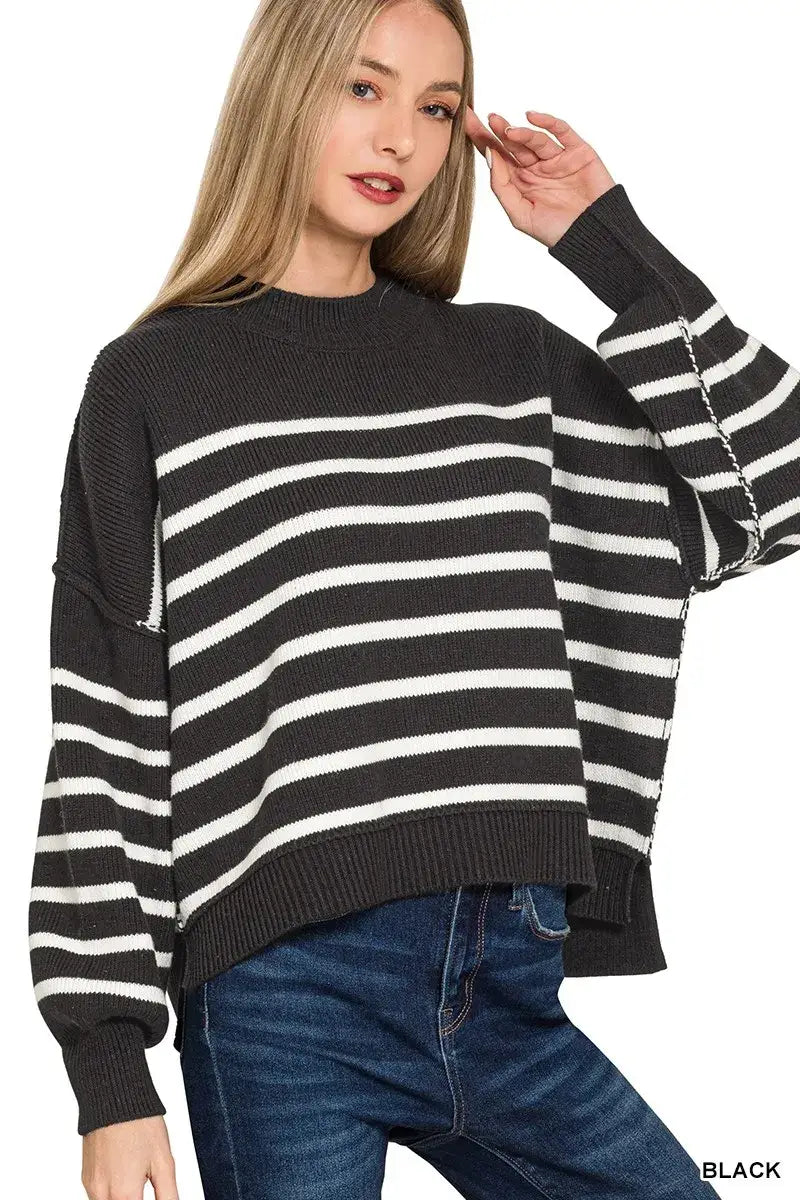 Zenana Exposed Seam Striped Oversized Sweater - BLACK / S/M - Striped Oversized Sweater
