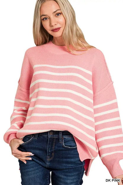 Zenana Exposed Seam Striped Oversized Sweater - DK PINK / S/M