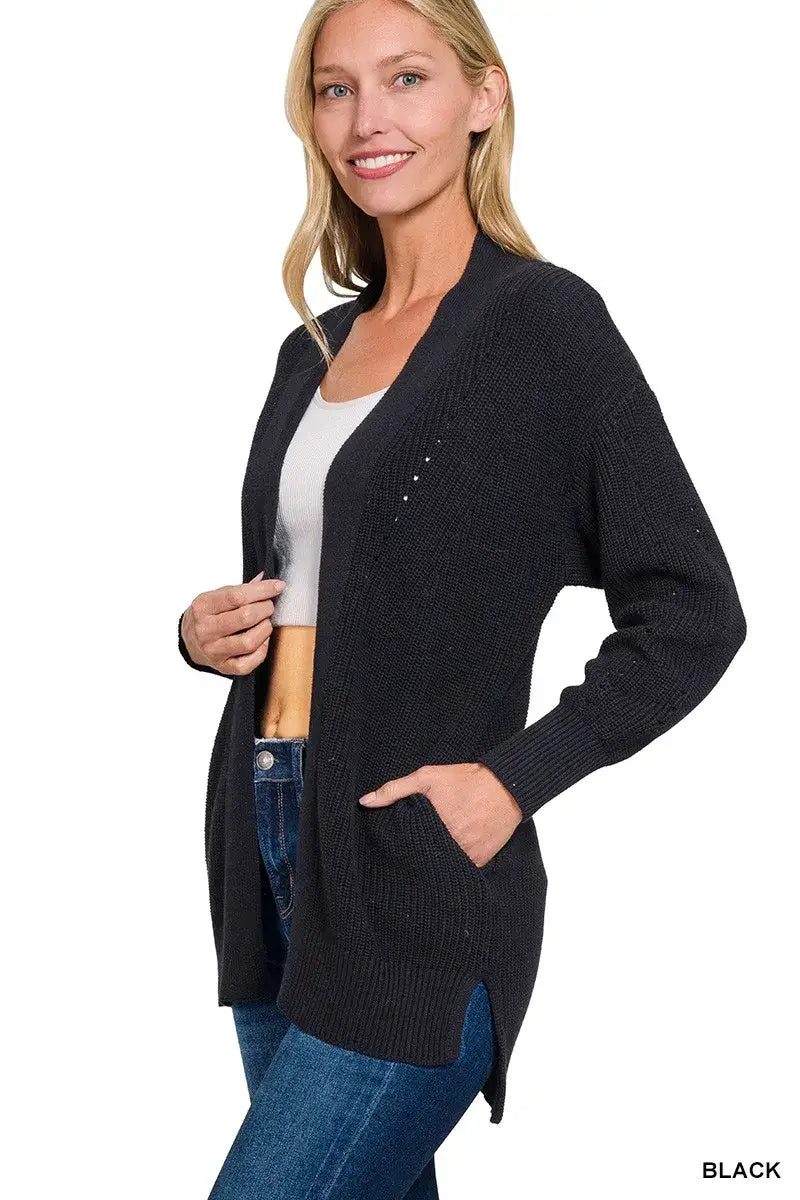 Zenana Eyelet Open Sweater Cardigan with Pockets - BLACK / S