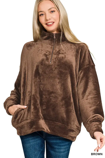 Zenana Faux Fur Half Zip Pocket Pullover